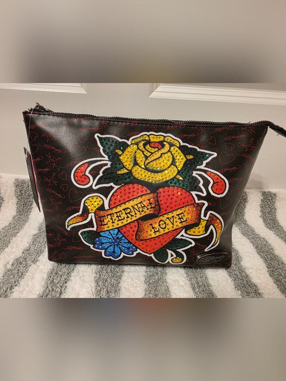 Ed Hardy NWT Black 'Eternal Love' Embellished Heart & Rose Clutch